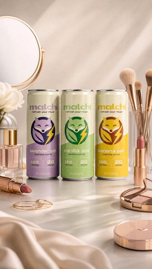 MATCHI matcha latte with collagen in a beauty routine setting