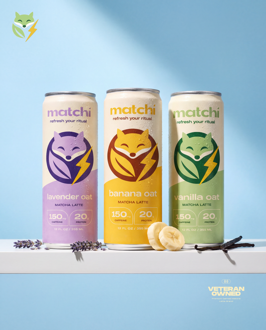 MATCHI three-can hero — Vanilla, Lavender, and Banana protein matcha latte, veteran-owned.