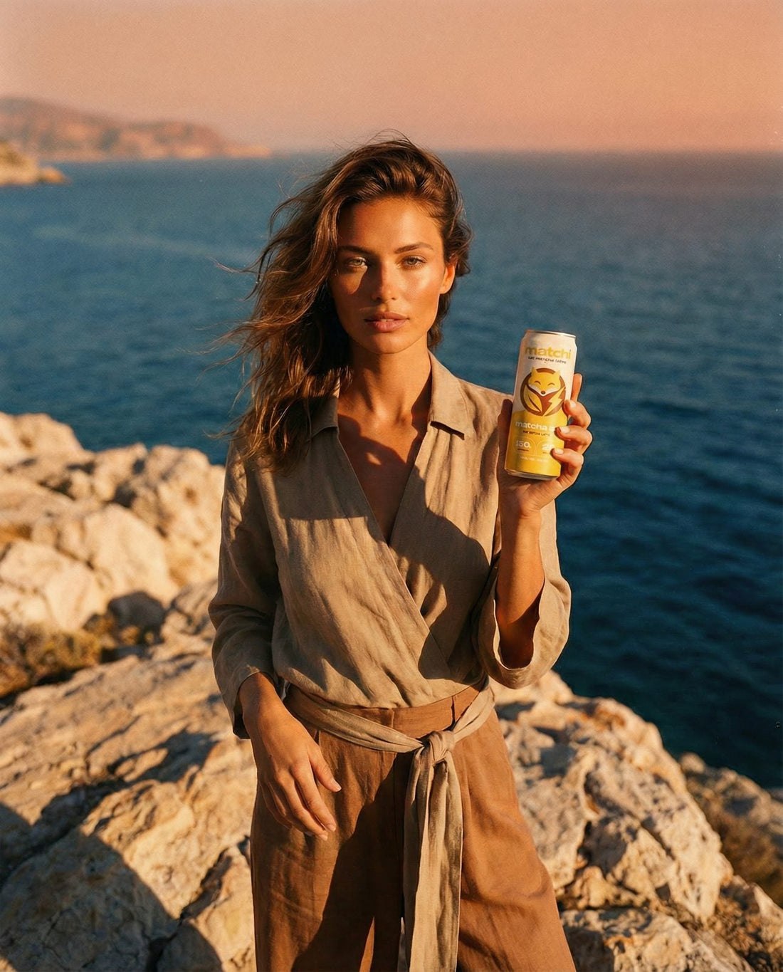 MATCHI functional matcha latte can in golden hour light