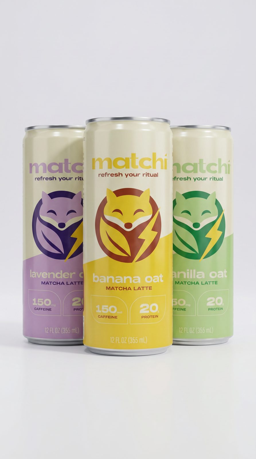 Three MATCHI canned protein matcha lattes — Vanilla, Lavender, and Banana — on a creamy oat-milk base