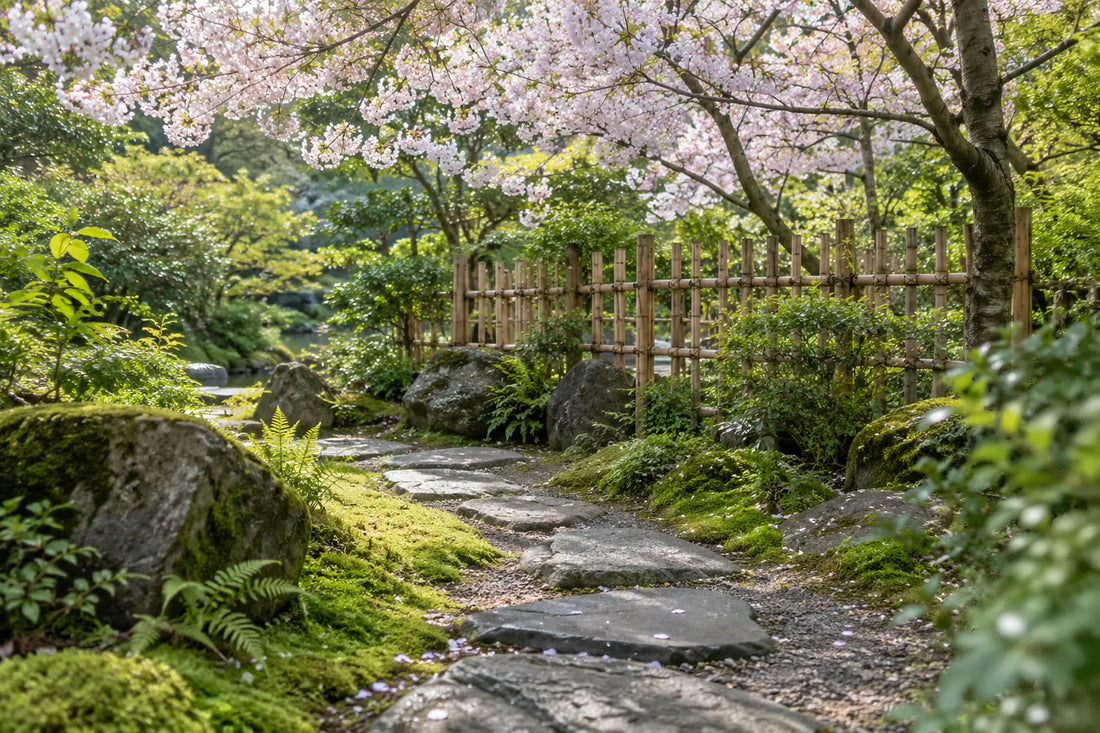 A stone path winds through a mossy Japanese garden under cherry blossoms, past a bamboo fence