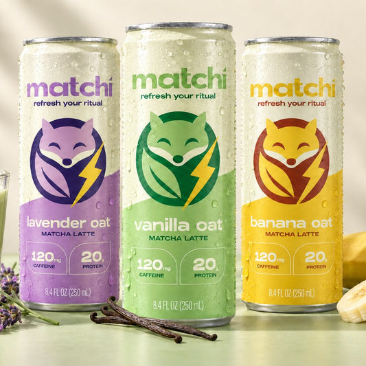Matchi Vanilla Oat, Lavender Oat and Banana Oat canned matcha lattes, 8 fl oz slim cans