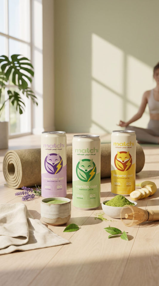 MATCHI protein matcha latte in a movement and wellness setting