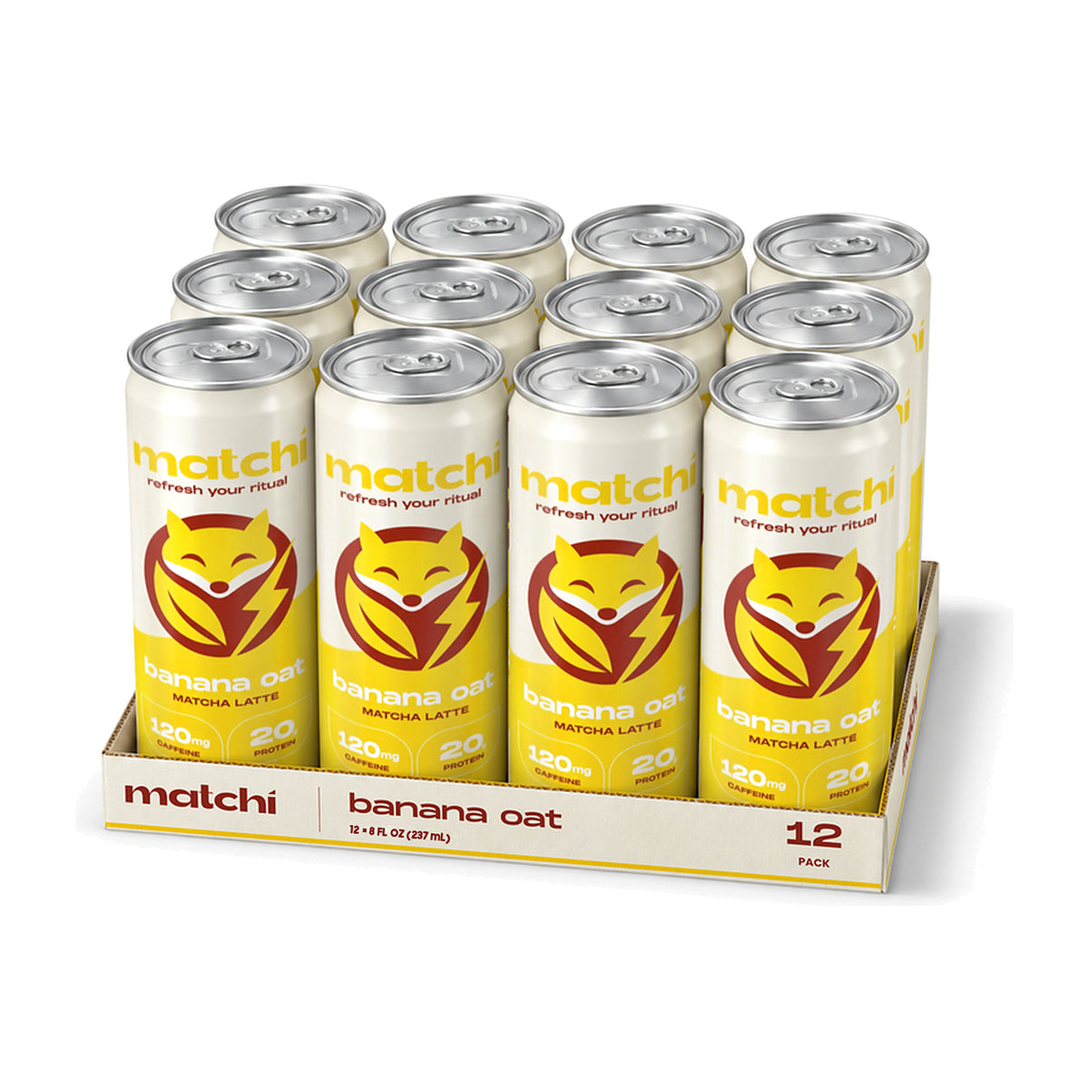Matchi Banana Oat Protein Matcha Latte 12-pack: twelve 8 fl oz cans in a tray