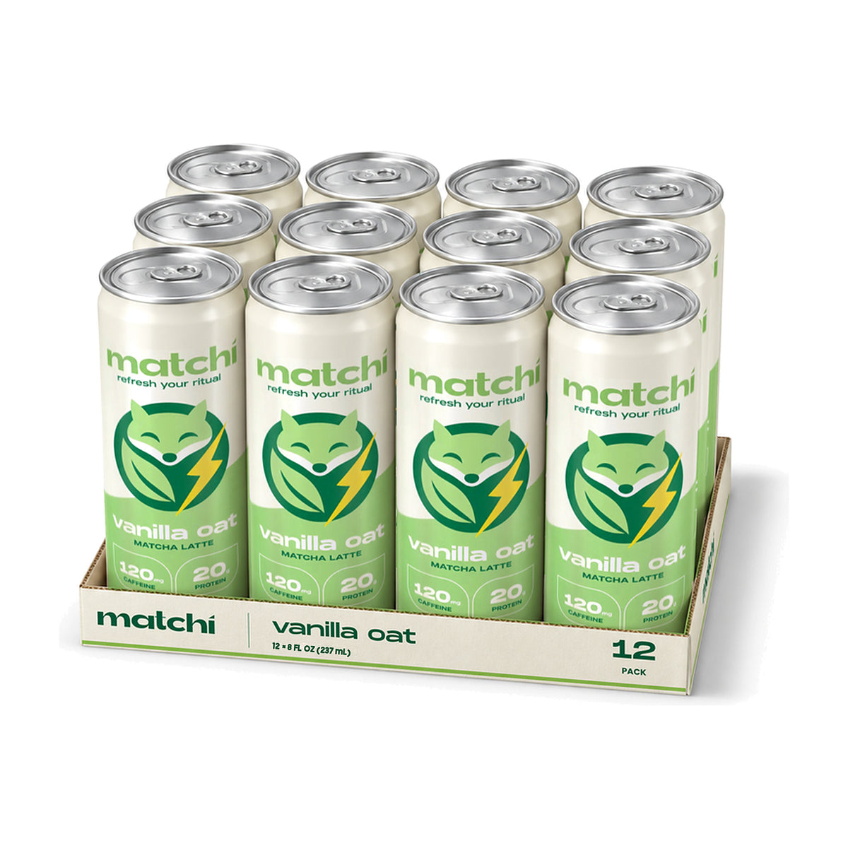 Matchi Vanilla Oat Protein Matcha Latte 12-pack: twelve 8 fl oz cans in a tray