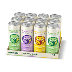 Matchi Variety 12-pack: 4 Vanilla Oat, 4 Lavender Oat and 4 Banana Oat protein matcha lattes in 8 fl oz cans