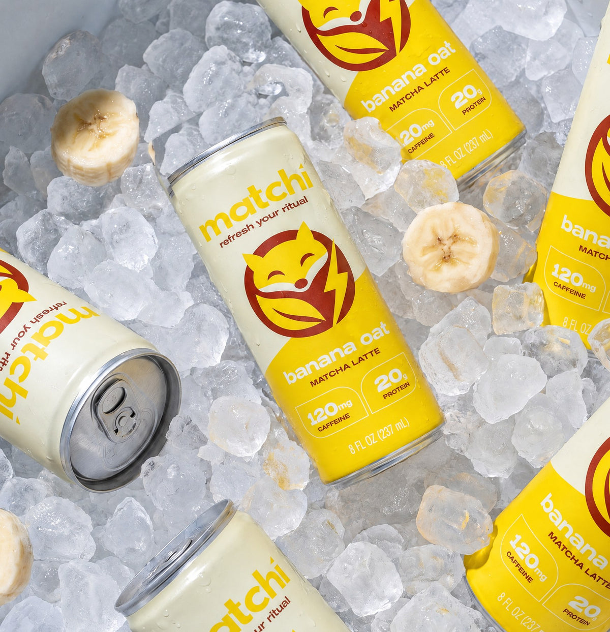 Matchi Banana Oat cans buried in crushed ice with banana slices