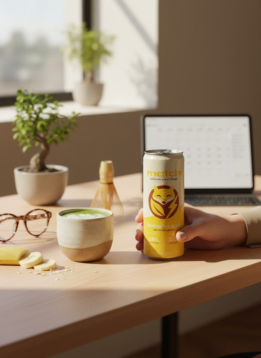 MATCHI Banana Oat Protein Matcha latte can held by a hand on a desk with a ceramic cup of matcha and banana slices.