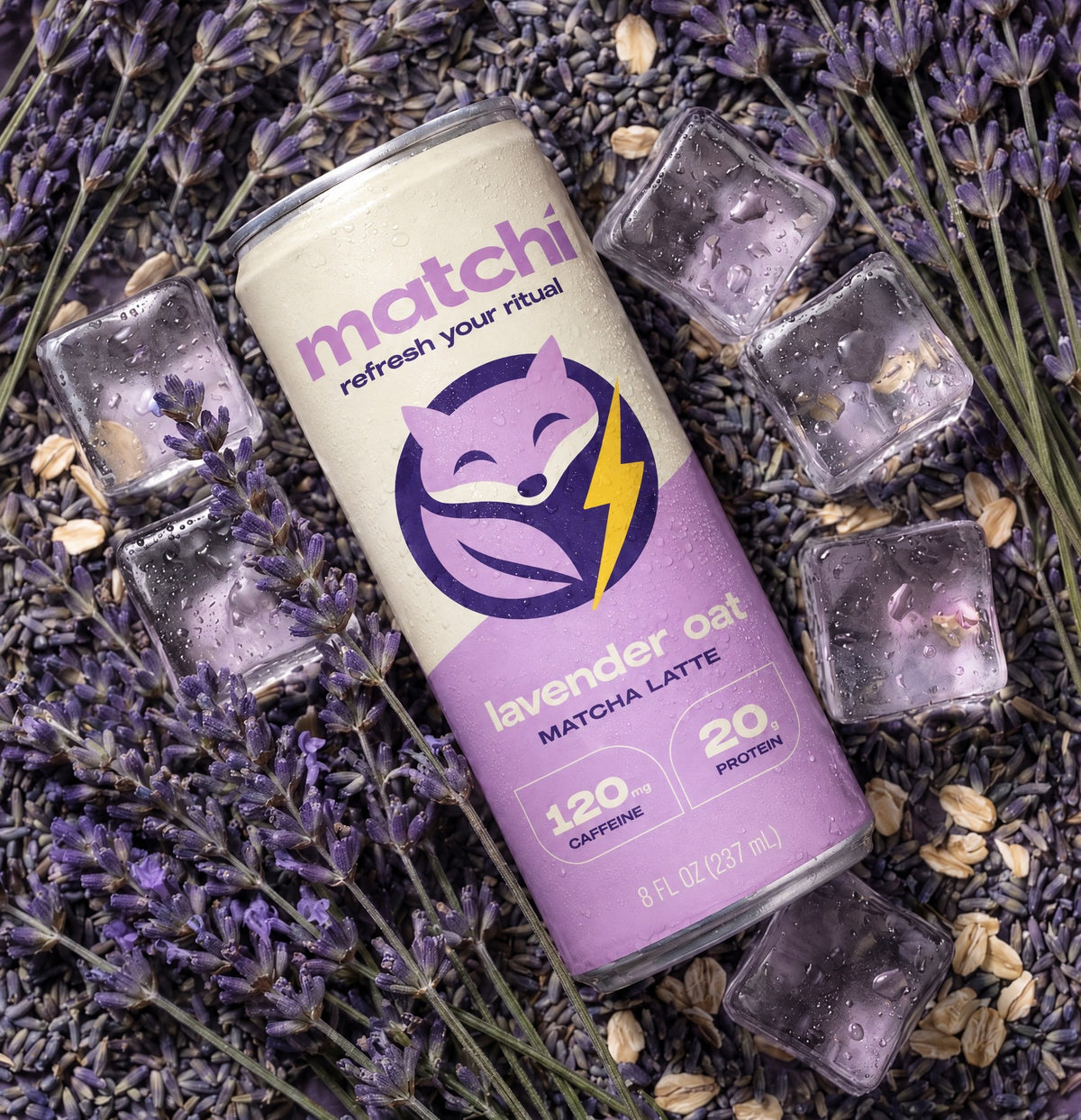 A Matchi Lavender Oat can lying on dried lavender with ice cubes