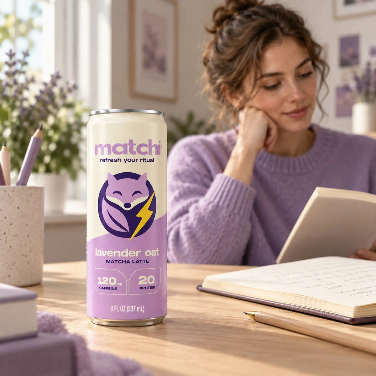 A woman reads at her desk with a Matchi Lavender Oat can in front of her