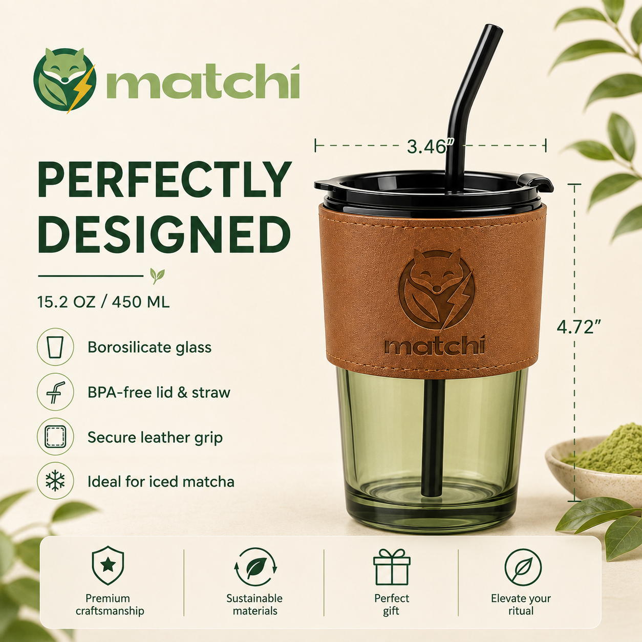 MATCHI Ritual Glass Cup dimensions: 3.46 by 4.72 inches, 15.2 oz borosilicate glass