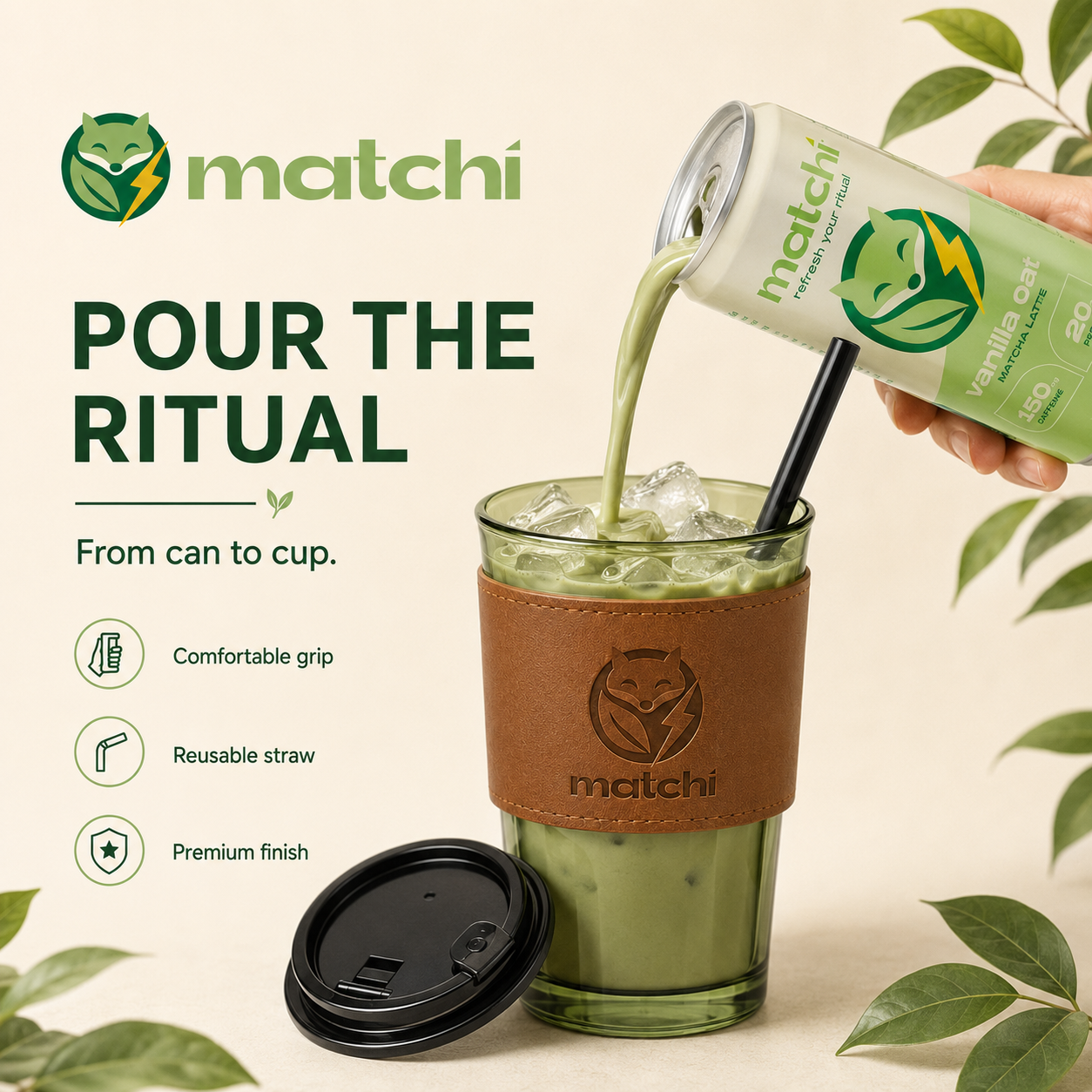 Pouring a can of MATCHI vanilla oat matcha latte over ice into the MATCHI Ritual Glass Cup