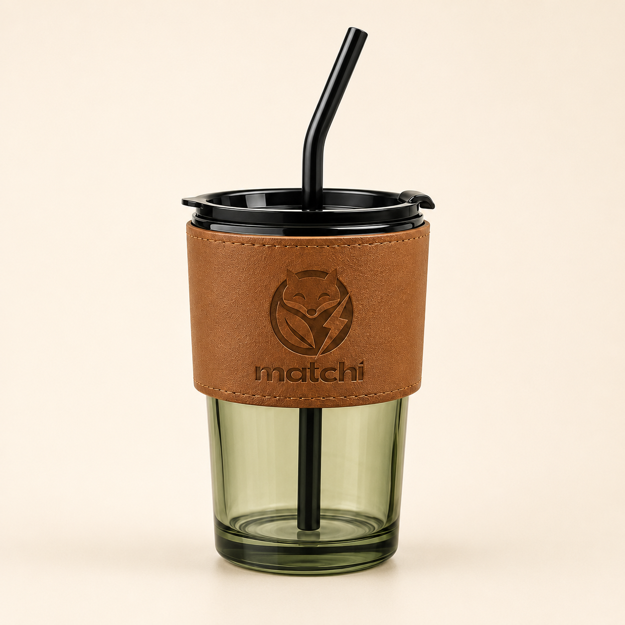 MATCHI Ritual Glass Cup: matcha-tinted glass cup with vegan leather sleeve, black lid and reusable straw
