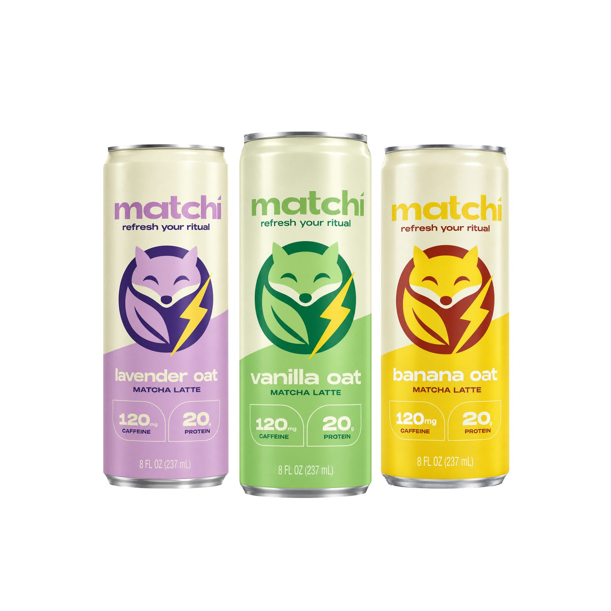 Matchi Lavender Oat, Vanilla Oat and Banana Oat Canned Matcha Latte with Protein, 8 fl oz cans