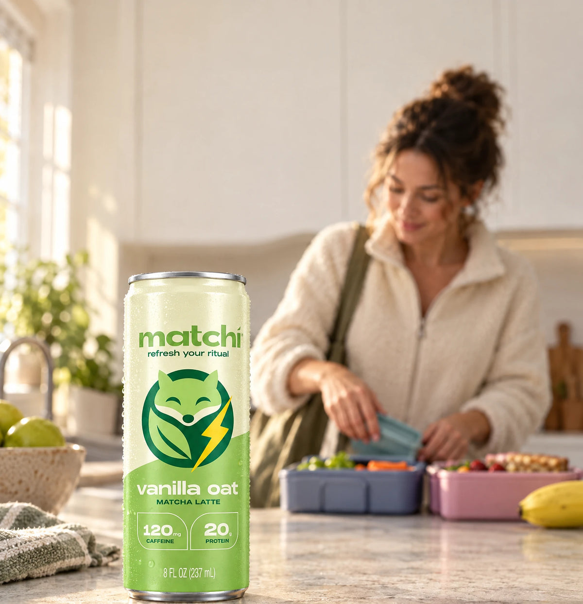 A parent packs lunch boxes at the kitchen counter with a Matchi Vanilla Oat can beside her