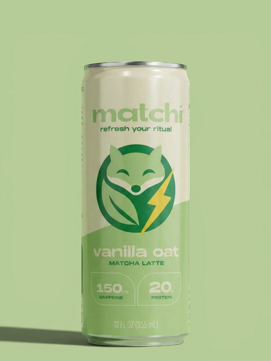 MATCHI vanilla oat matcha latte can with 150mg caffeine and 20g protein. Refresh your ritual.