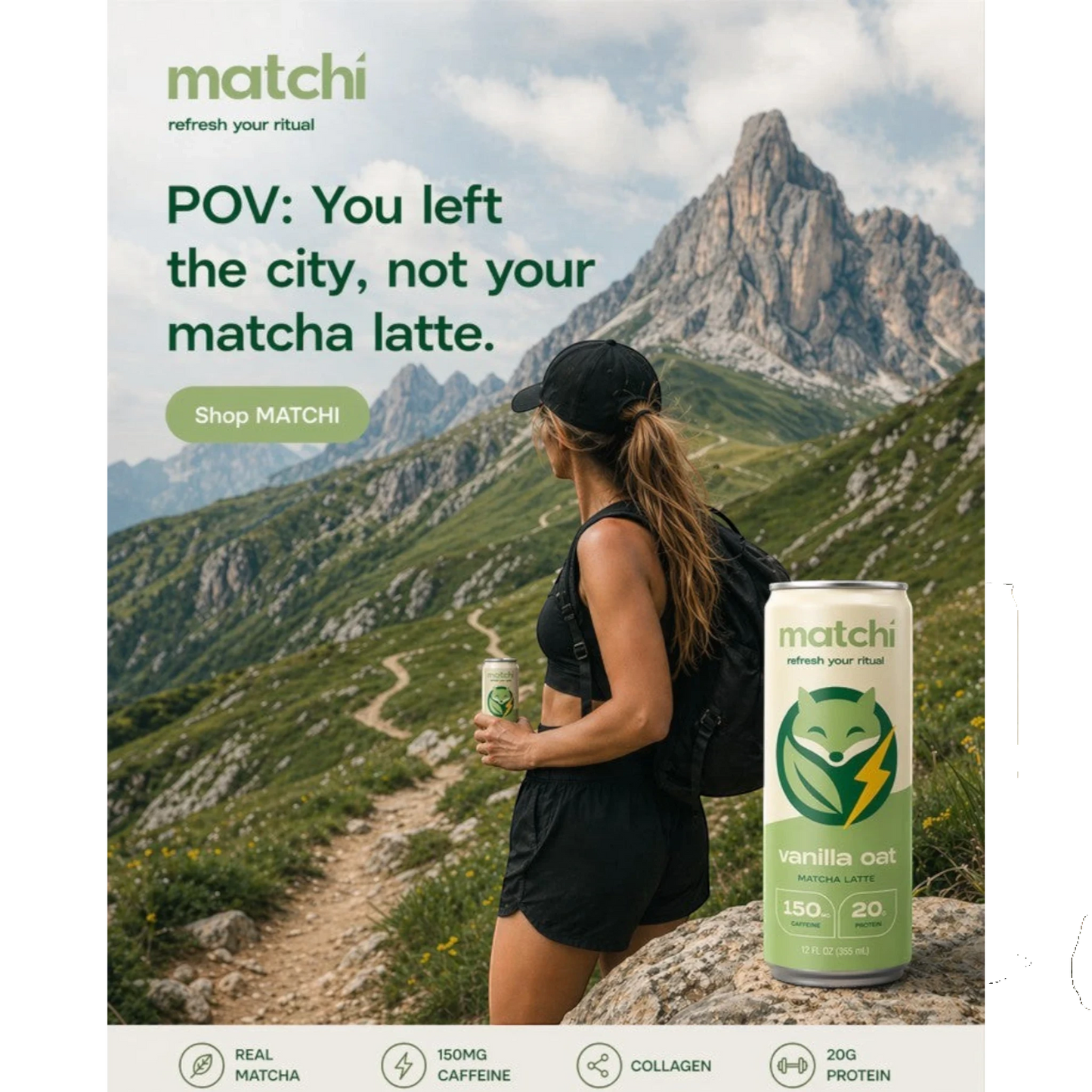 MATCHI vanilla oat matcha latte can held by a woman on a mountain trail. Refresh your ritual.