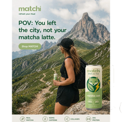 MATCHI vanilla oat matcha latte can held by a woman on a mountain trail. Refresh your ritual.