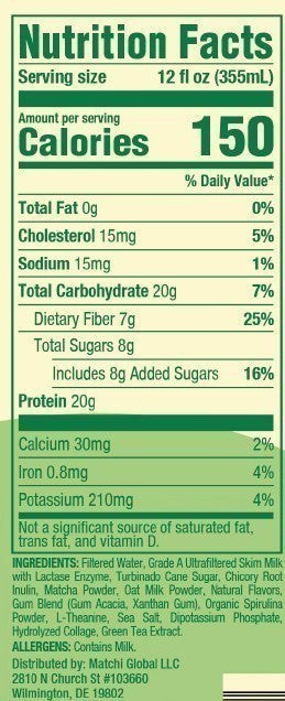 MATCHI Vanilla Oat Protein Matcha nutrition facts panel showing 150 calories, 20g protein, 7g fiber, and 8g added sugar per 12 fl oz serving.