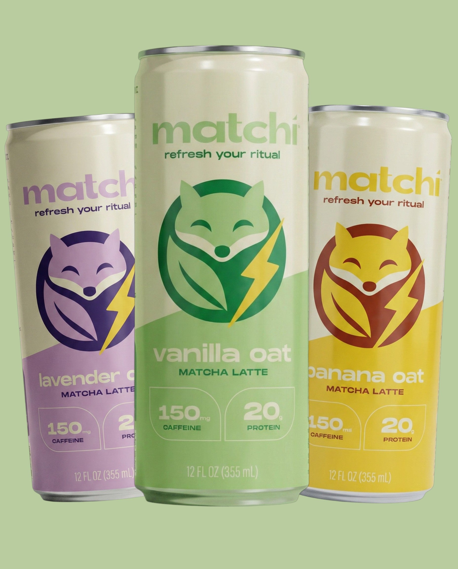 MATCHI Variety 12-Pack featuring Vanilla, Lavender, and Banana oat matcha lattes in colorful cans.