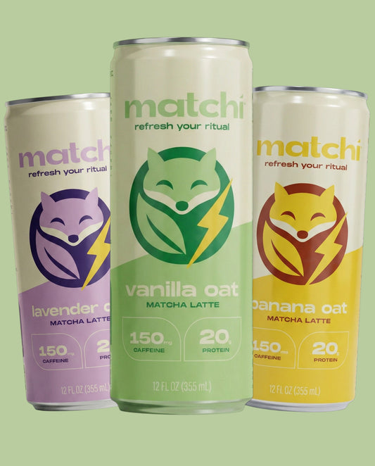 MATCHI Variety 12-Pack featuring Vanilla, Lavender, and Banana oat matcha lattes in colorful cans.