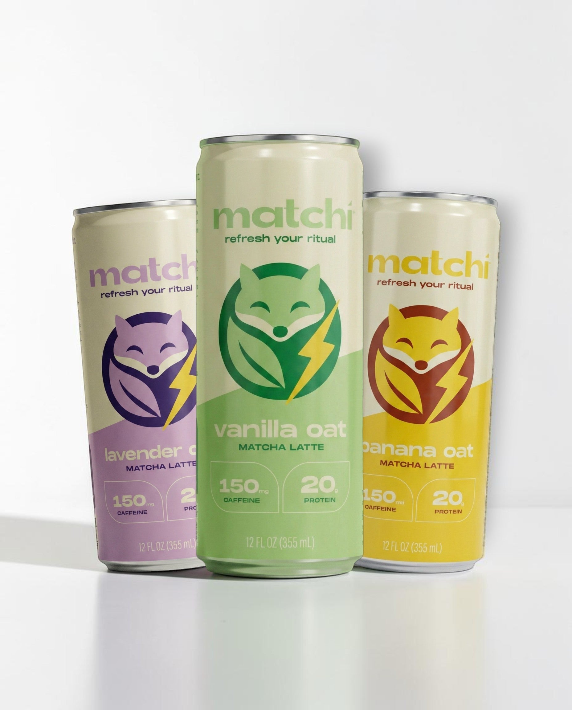 Matchi Variety 24-Pack with three flavors: Lavender, Vanilla Oat, and Banana Oat matcha lattes in cans.