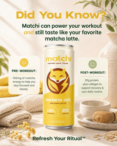 MATCHI Variety 12-Pack includes Vanilla, Lavender, and Banana matcha lattes. Cans feature 150mg caffeine and 20g protein.