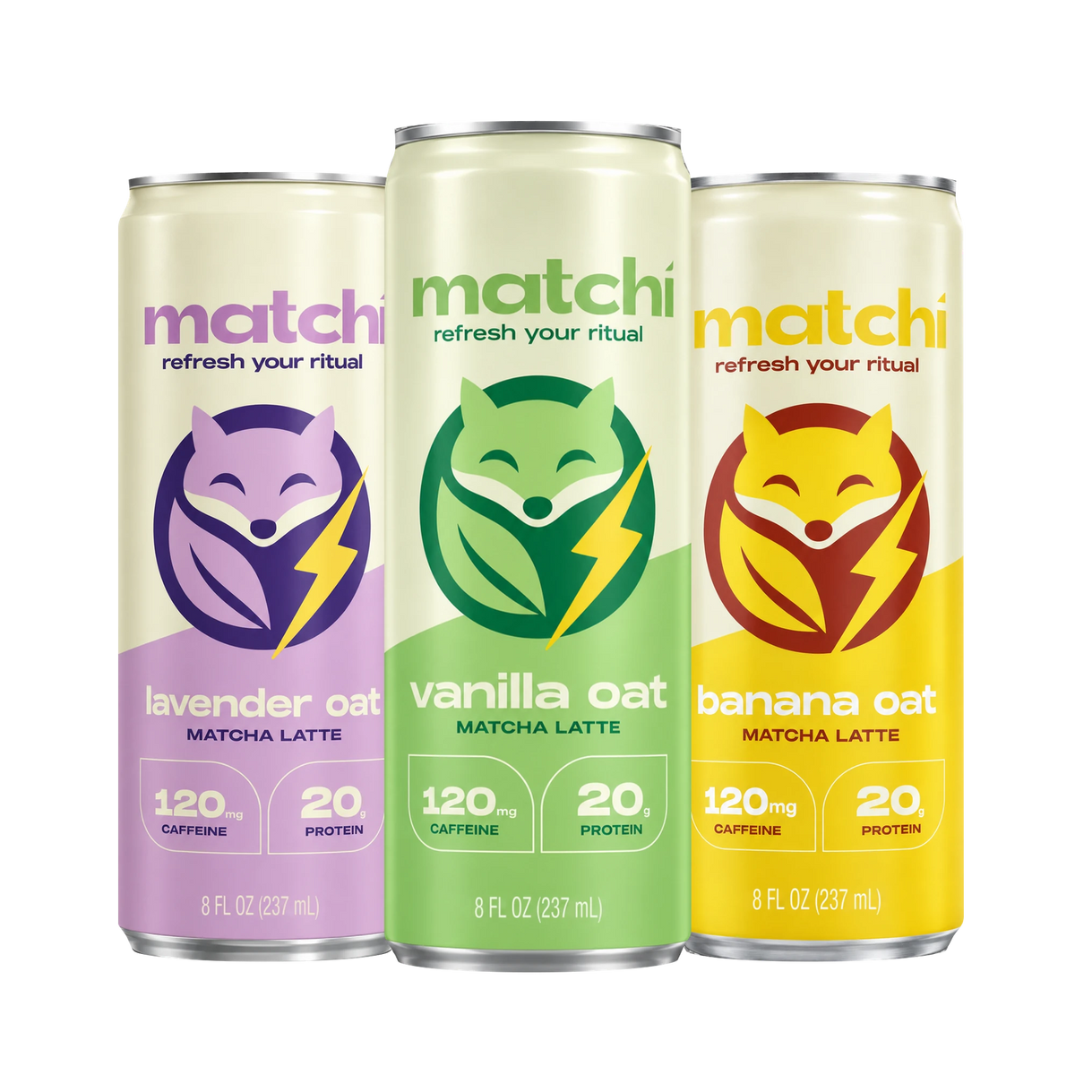 Matchi Lavender Oat, Vanilla Oat and Banana Oat Canned Matcha Latte with Protein, 8 fl oz cans